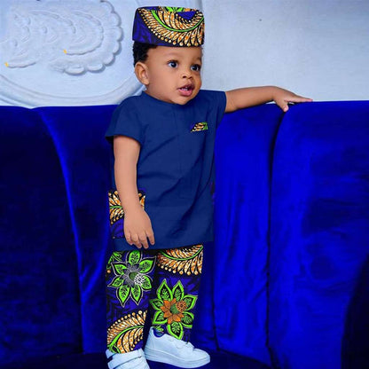 Boy Outfit Print Short Sleeve Top and Pant Hat 3 Pieces Muslim Sets