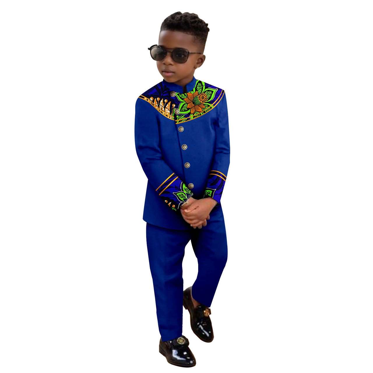 Boy Suits Dashiki Stand Jacket Button Bright Silk Top and Pant Sets