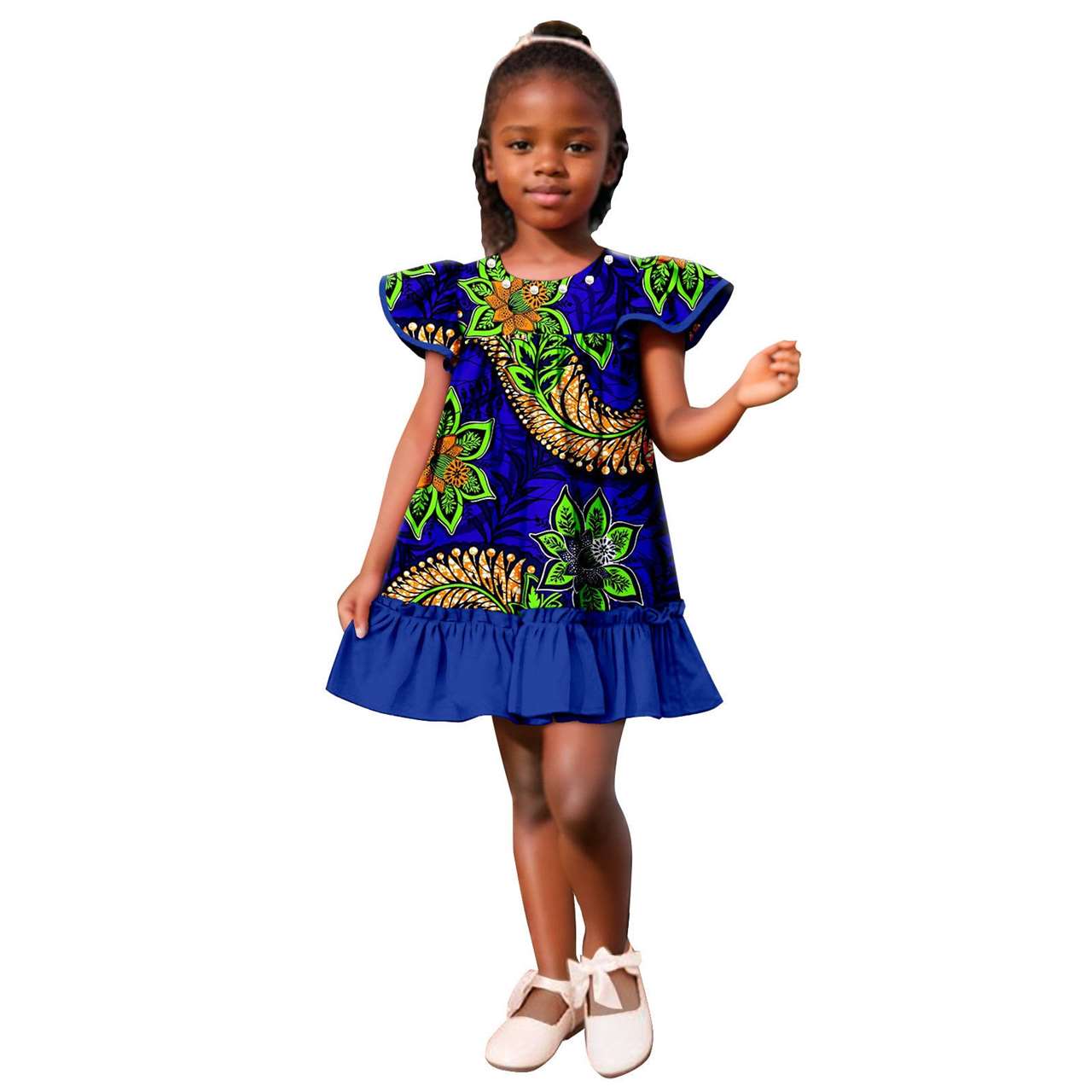 Girls Ankara Print A-line Dresses Ruffle Puff Sleeve Dress KID078