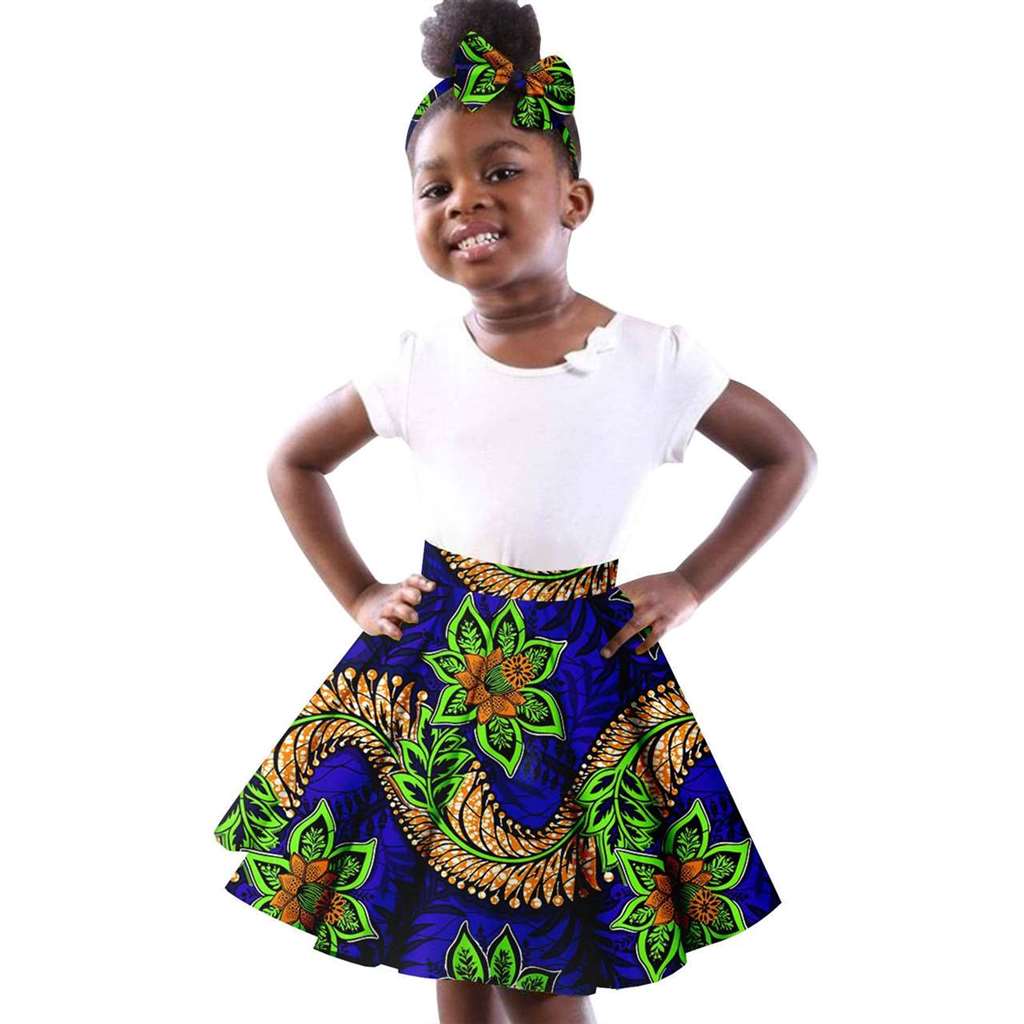 Girls White Top Tee and Print Skirts Sets Matching Bow tie Head wrap