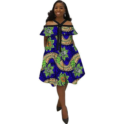 African Dress Ankara Print Ethnic Halter Dresses with Bow Tie