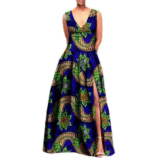 Women African Dress Summer Ankara V-Neck Split Casual Print Attire