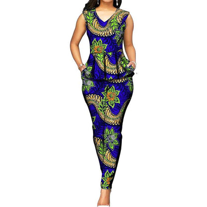 African Clothes Print Sleeveless Tops Blouse and Ankara Pants