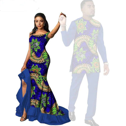 African Print Long Dresses for Women Match Men Sets