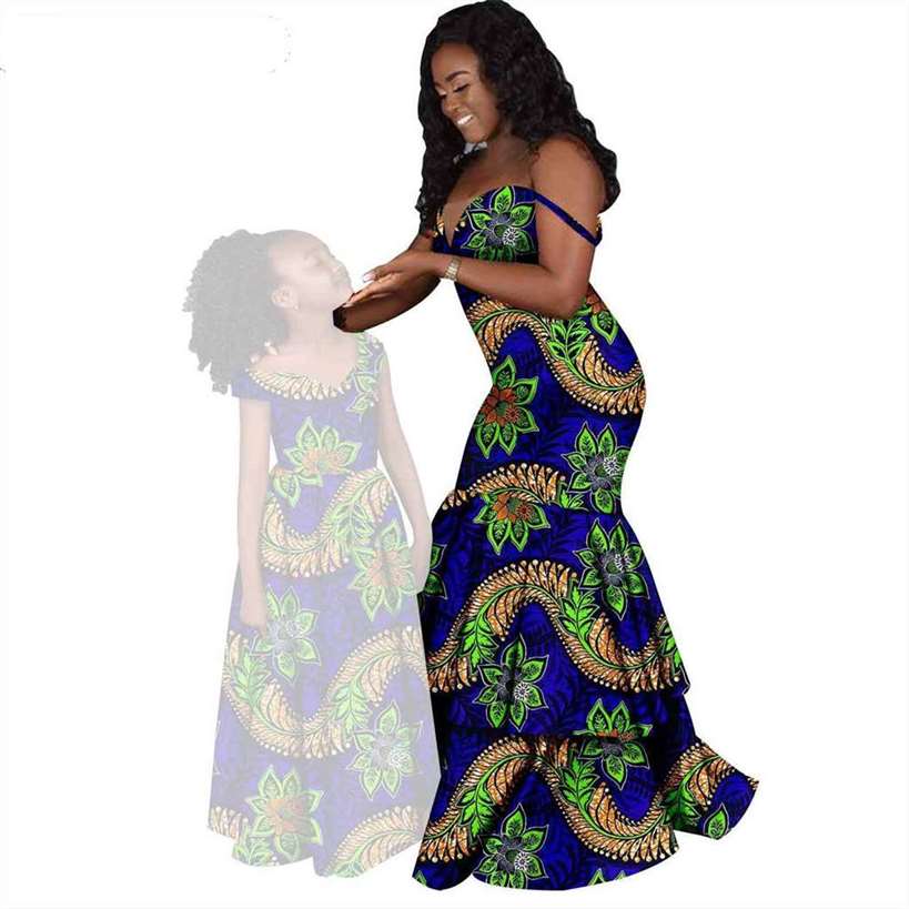 Women and Girls African Dresses Print Long Family Clothes FM005