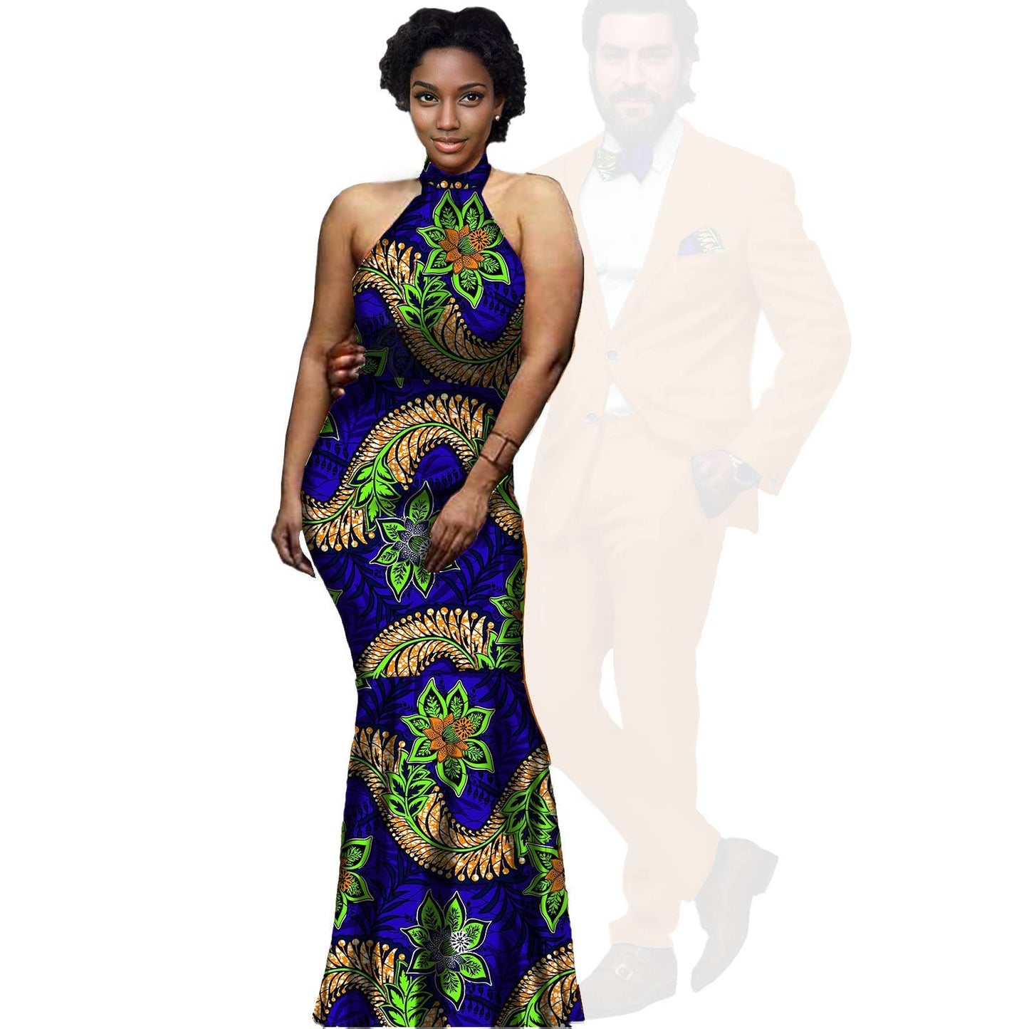 African Print Long Dresses Match Men Jackets and Pants Sets