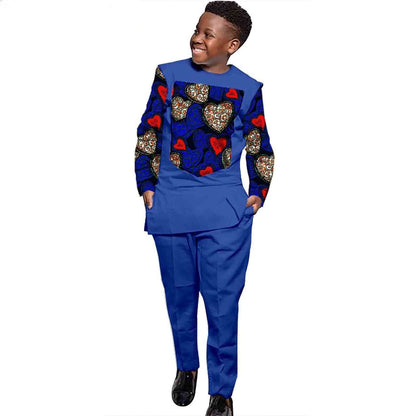 Boys Outfits Print Patchwork Long Sleeve Top and Pants Ankara Suits