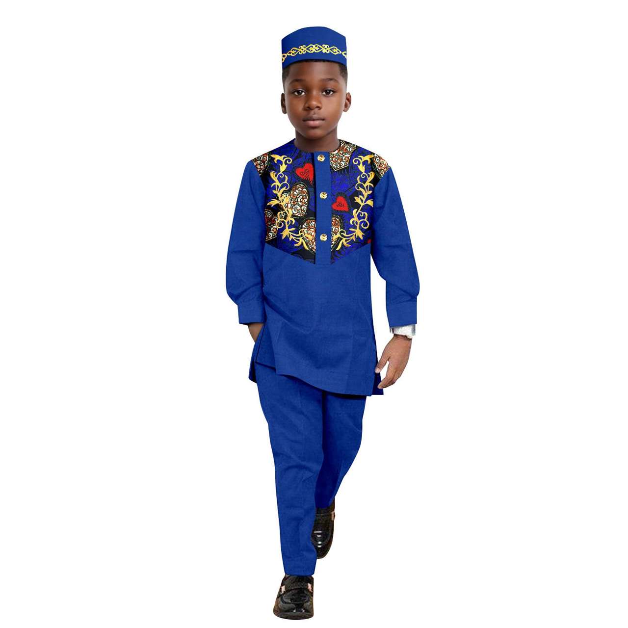 African Clothes for Boys Outfits Print Appliques Shirt and Pant Sets