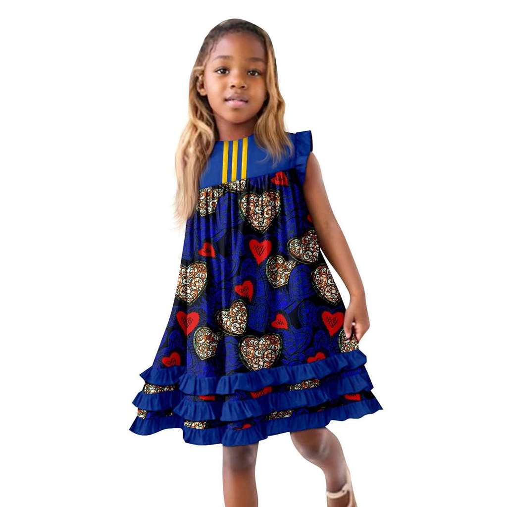 African Clothes Ankara Print A-line Dresses Sleeveless Ruffles Dress