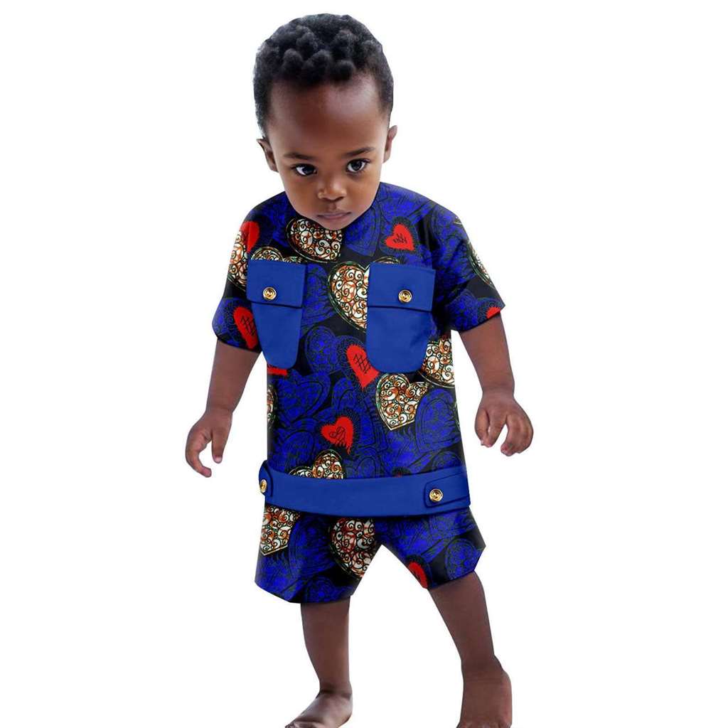 Boys Outfits Dashiki Summer Cotton Print Top and Pant Sets