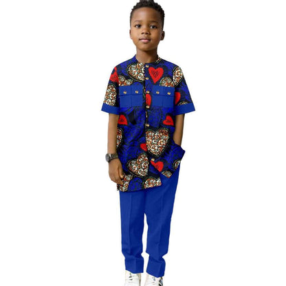 Dashiki Boys Outfits Casual Print Button Top Shirt and Pant Sets