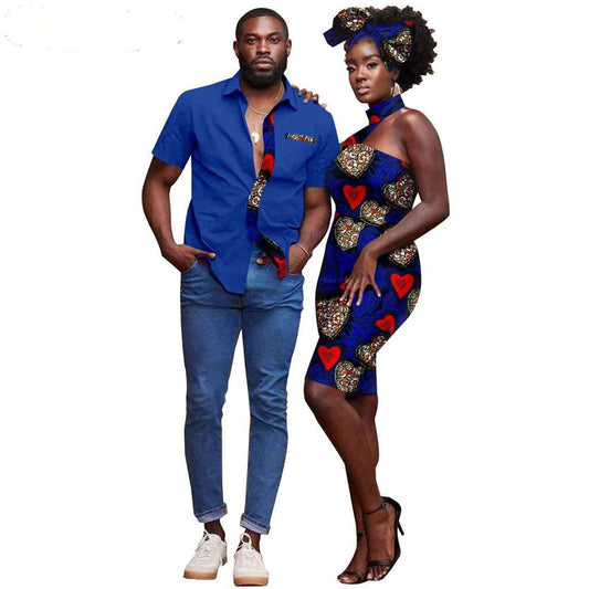 Couple African Clothes Dresses Headwrap Match Men Shirts CC023-1