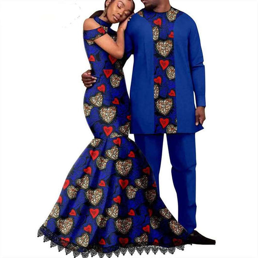 Ankara Print Lace Long Mermaid Dresses Match Men Outfits