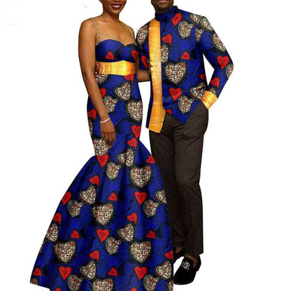 African Mermaid Print Dresses Match Men suits Sets