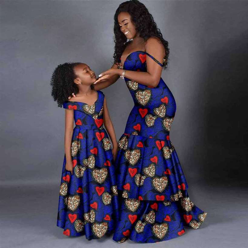 Women and Girls African Dresses Print Long Family Clothes FM005-1