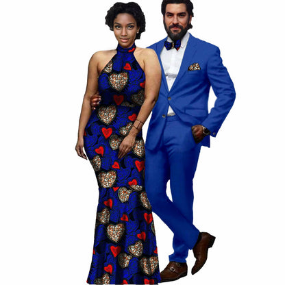 African Print Long Dresses Match Men Jackets and Pants Sets