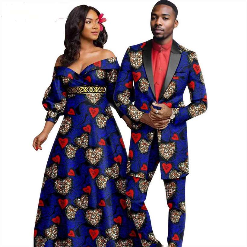 African Women Print Long Dresses Match Men Suit Sets