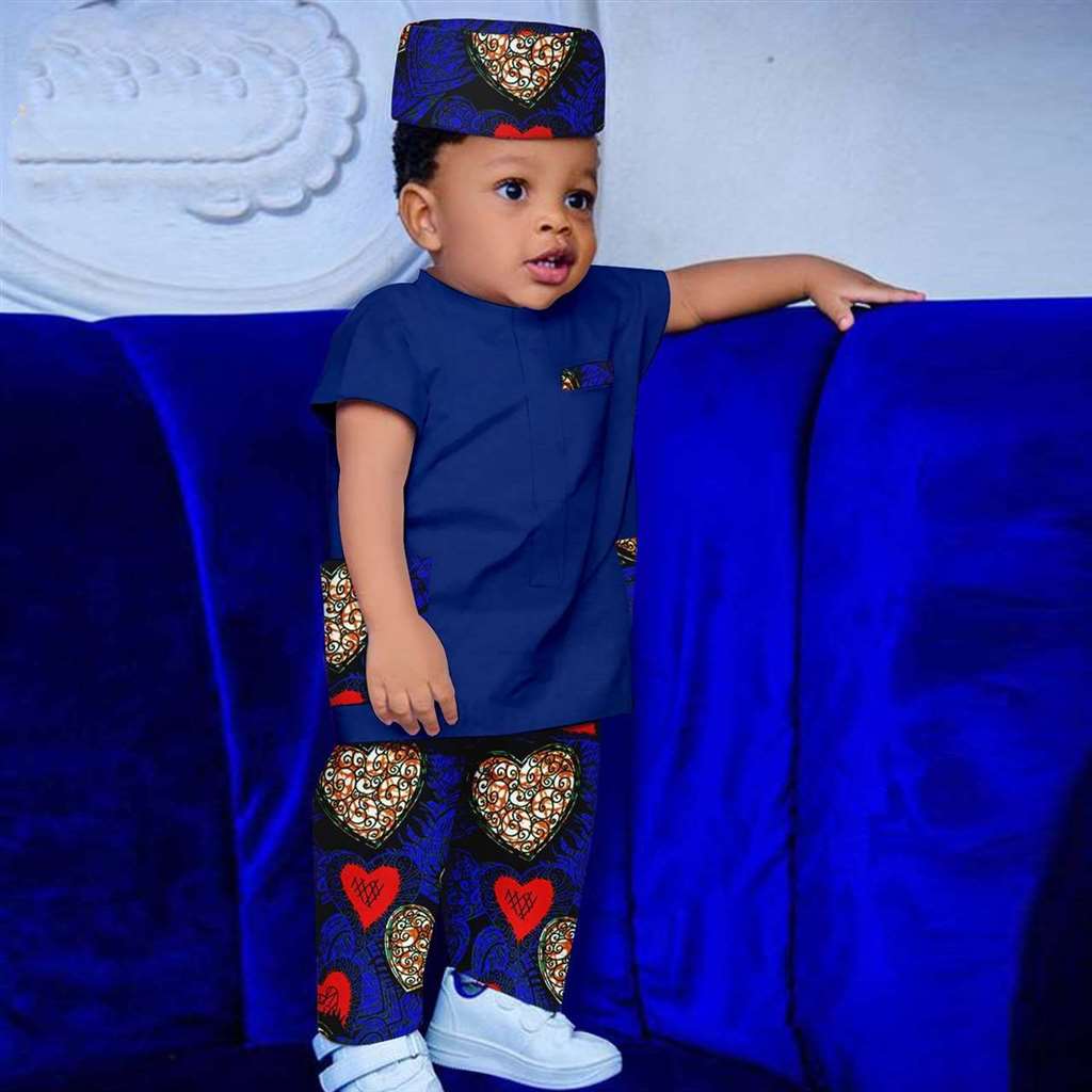 Boy Outfit Print Short Sleeve Top and Pant Hat 3 Pieces Muslim Sets