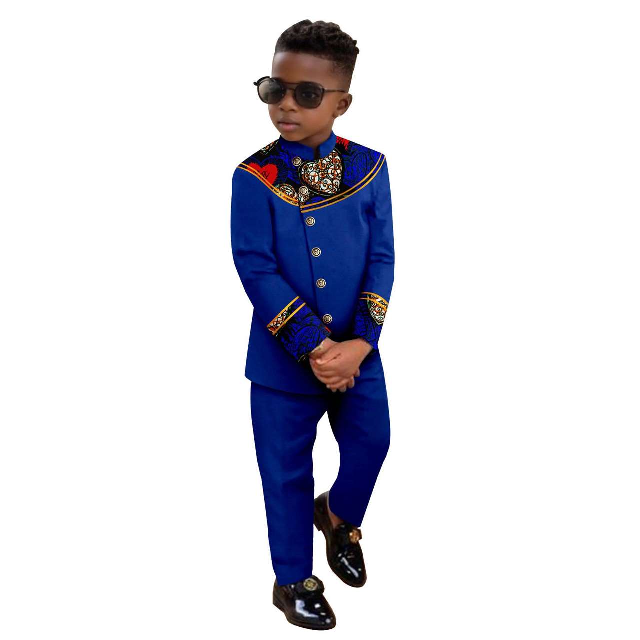 Boy Suits Dashiki Stand Jacket Button Bright Silk Top and Pant Sets