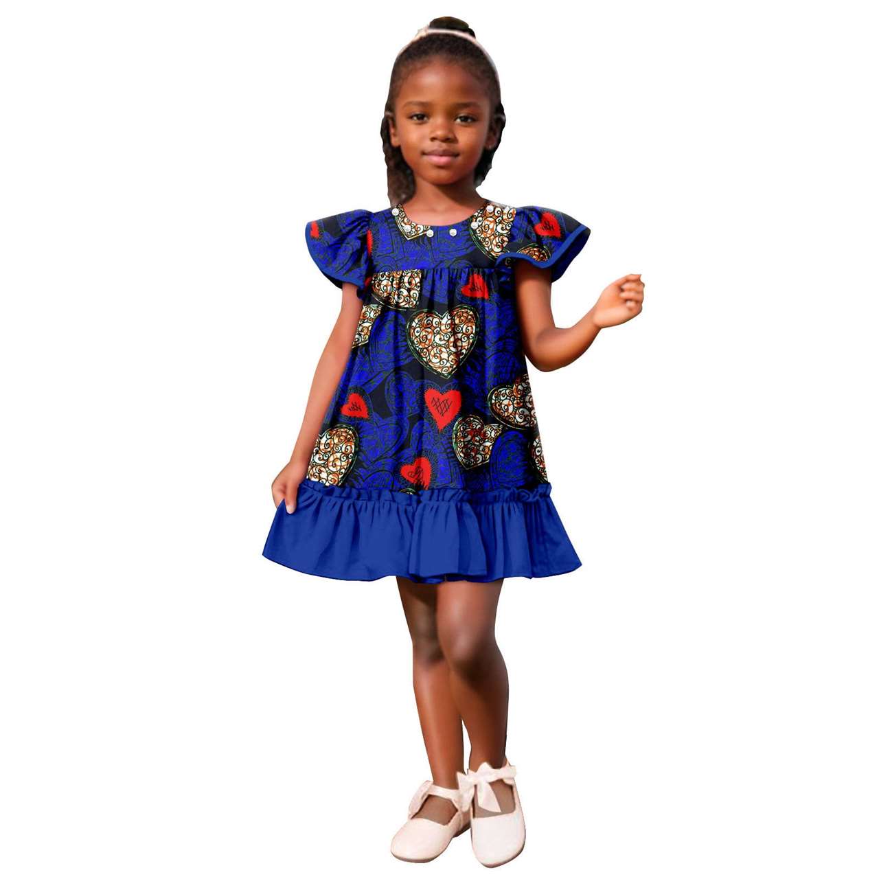 Girls Ankara Print A-line Dresses Ruffle Puff Sleeve Dress KID078