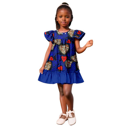 Girls Ankara Print A-line Dresses Ruffle Puff Sleeve Dress KID078