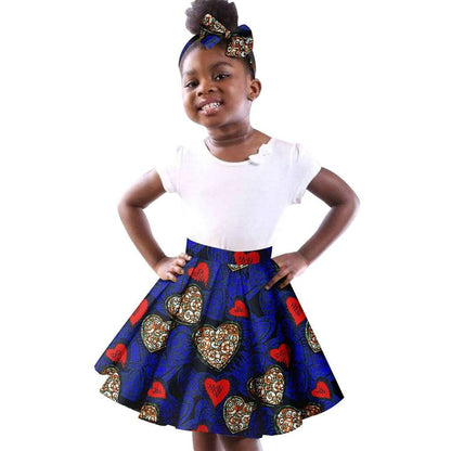 Girls White Top Tee and Print Skirts Sets Matching Bow tie Head wrap