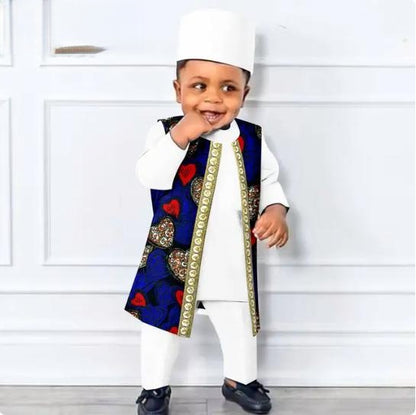 African Clothes Outfits Print Vest Tee Pant Cap for Kids