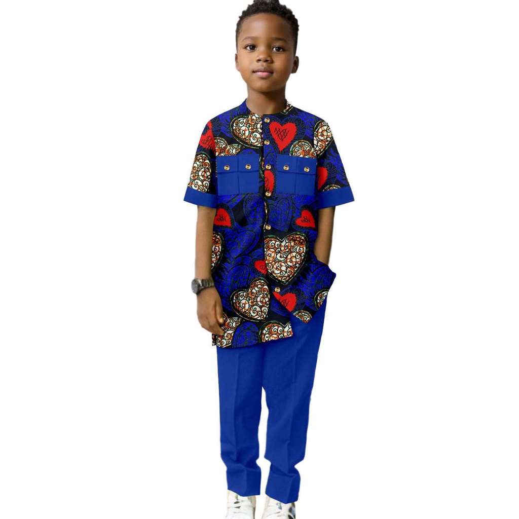 Dashiki Boys Outfits Casual Print Button Top Shirt and Pant Sets