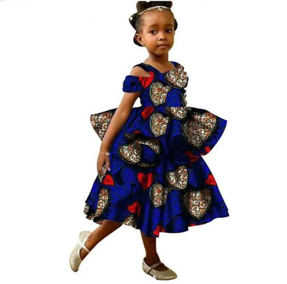 Girls African Clothes Ankara Print Double Layer Ruffles Dresses