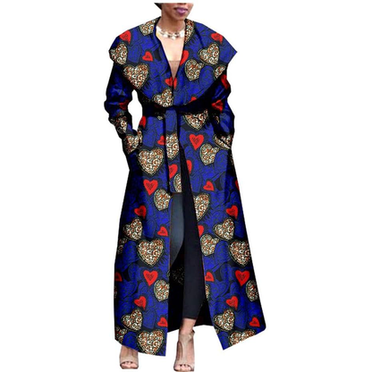 African Print Coat Ankara Long Sleeve Jacket Maxi Coat with Belt