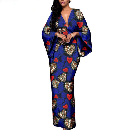 African Couple Print Deep V neck Long Women Dresses Men Sets CC002-1