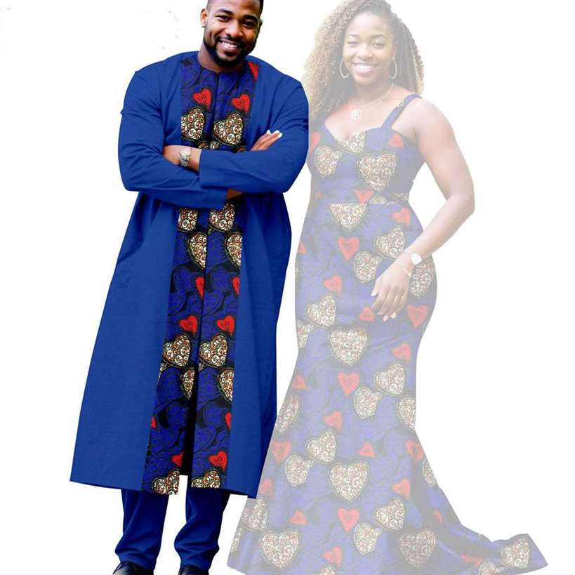 African Print Long Mermaid Dresses Match Men Outfits Sets