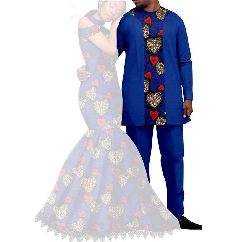 Ankara Print Lace Long Mermaid Dresses Match Men Outfits