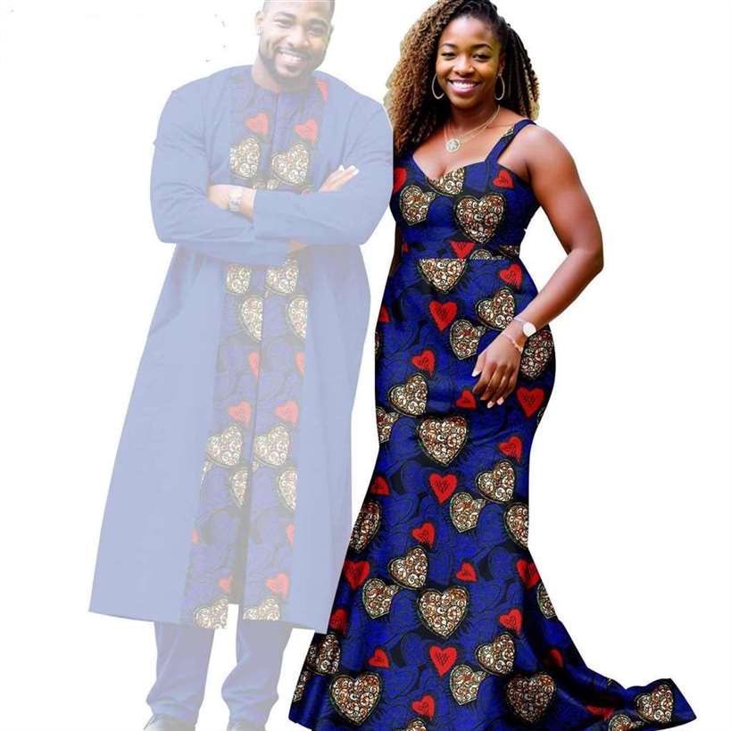 African Print Long Mermaid Dresses Match Men Outfits Sets