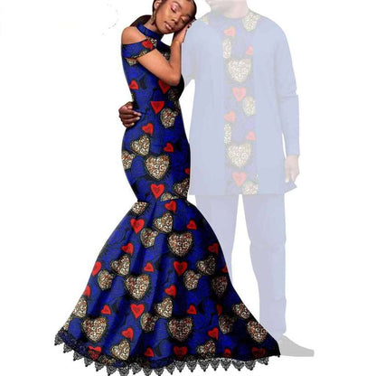 Ankara Print Lace Long Mermaid Dresses Match Men Outfits