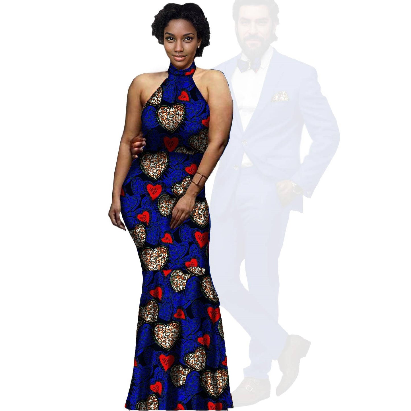 African Print Long Dresses Match Men Jackets and Pants Sets