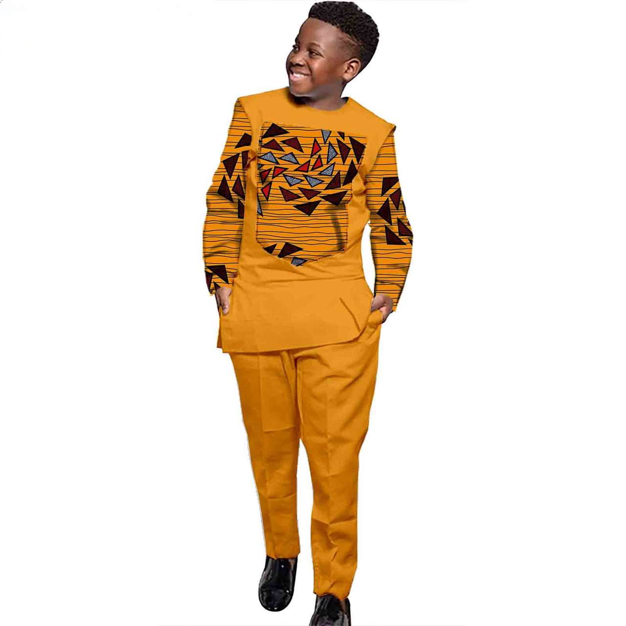 Boys Outfits Print Patchwork Long Sleeve Top and Pants Ankara Suits