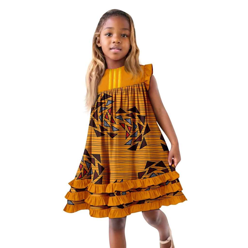 African Clothes Ankara Print A-line Dresses Sleeveless Ruffles Dress