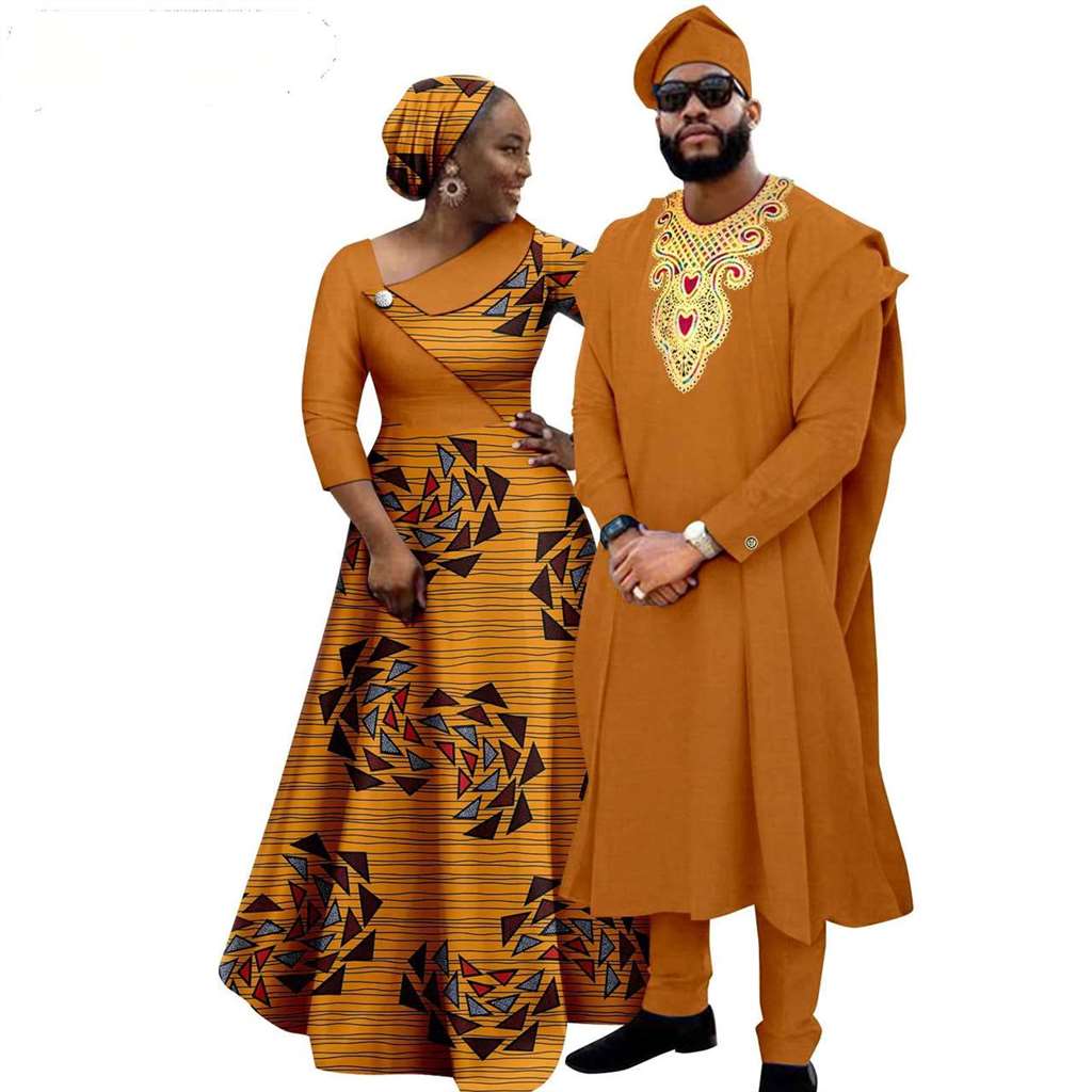 African Print Long Dresses for Women Match Men Robe Sets CC050