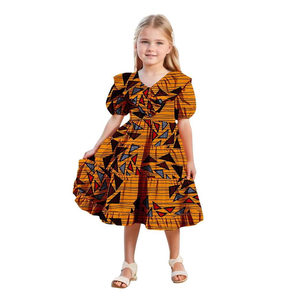 Girls Ankara Print Double Ruffles Collar Dresses Party Dresses