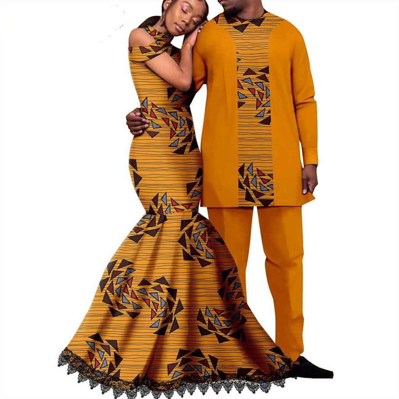 Ankara Print Lace Long Mermaid Dresses Match Men Outfits