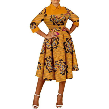 African Dresses Ankara Casual A-line Midi Print Party Wedding