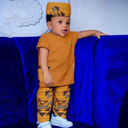 Boy Outfit Print Short Sleeve Top and Pant Hat 3 Pieces Muslim Sets