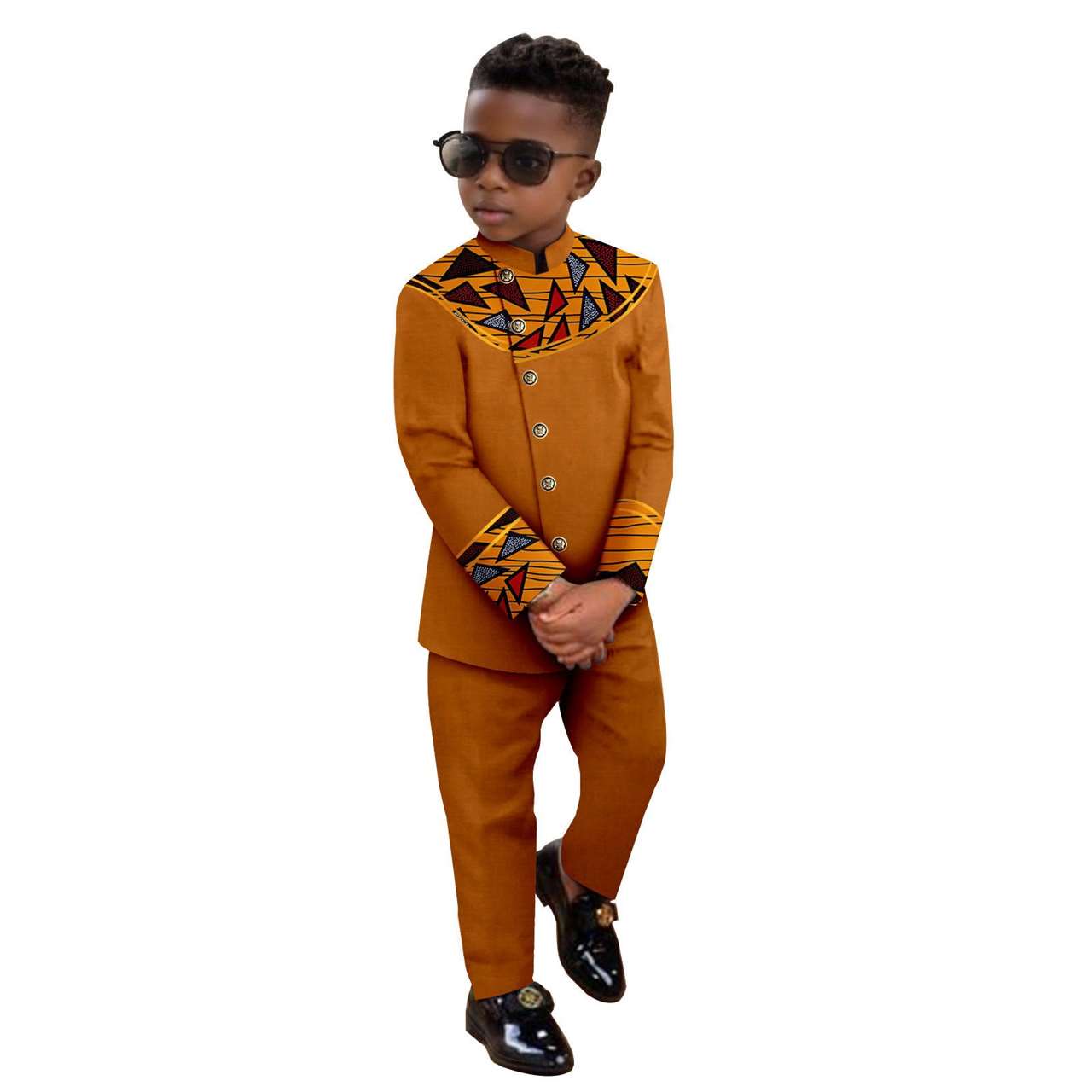 Boy Suits Dashiki Stand Jacket Button Bright Silk Top and Pant Sets