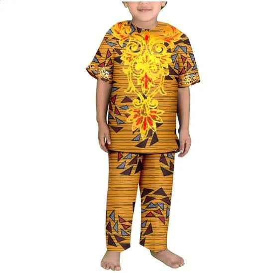 Boys Outfits Dashiki Cotton Ankara Print Top Shirt and Pants Sets