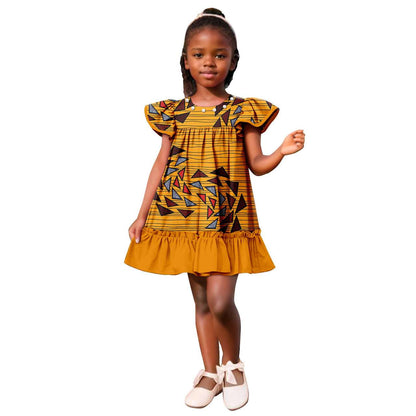 Girls Ankara Print A-line Dresses Ruffle Puff Sleeve Dress KID078