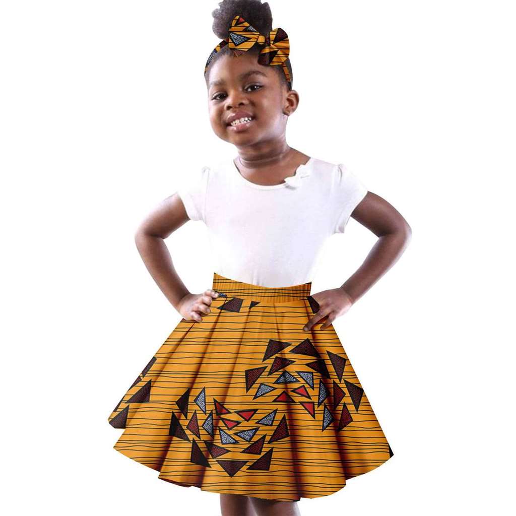 Girls White Top Tee and Print Skirts Sets Matching Bow tie Head wrap