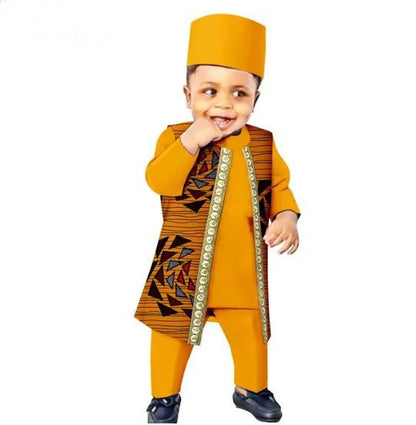 African Clothes Outfits Print Vest Tee Pant Cap for Kids