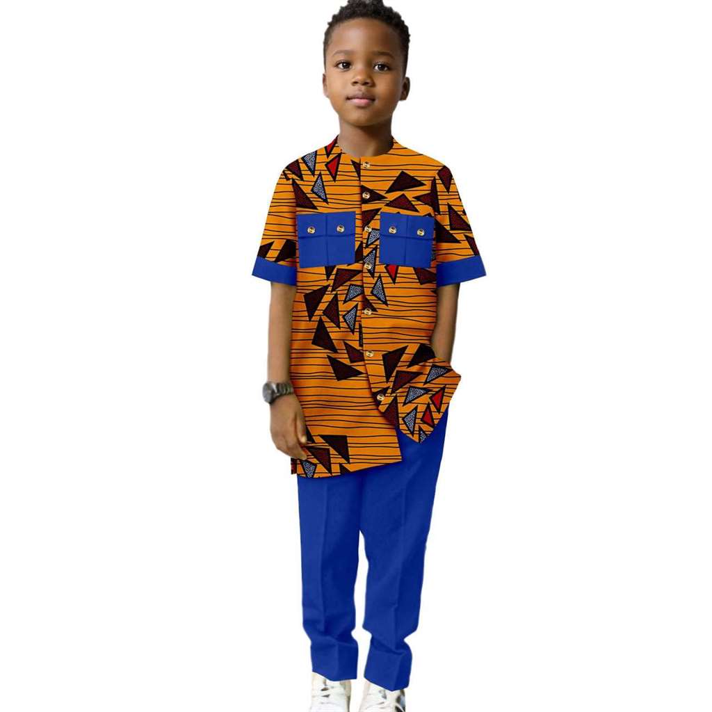 Dashiki Boys Outfits Casual Print Button Top Shirt and Pant Sets