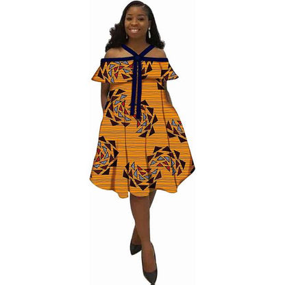 African Dress Ankara Print Ethnic Halter Dresses with Bow Tie